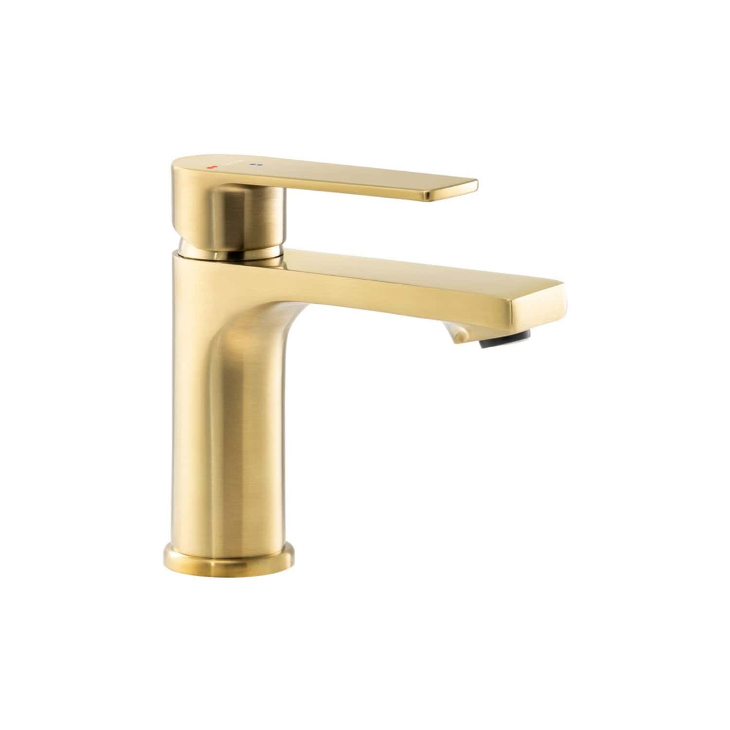 Polished gold bathroom sink mixer tap with sleek modern design and single lever control. Perfect for contemporary bathroom decor, blending functionality and style.