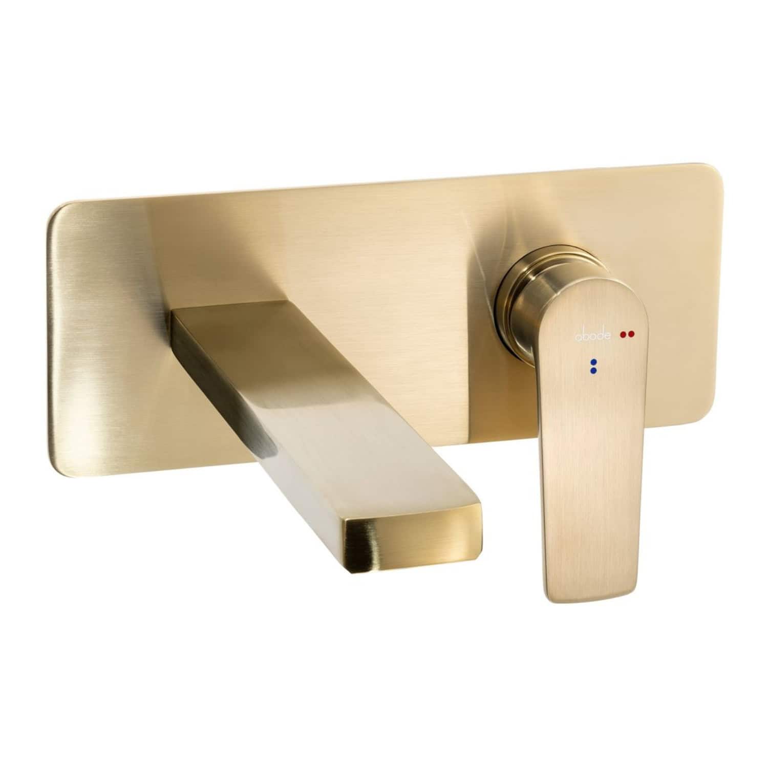 Shiny brushed gold modern bathroom mixer tap with two control handles, sleek and stylish design perfect for contemporary bathroom renovations.