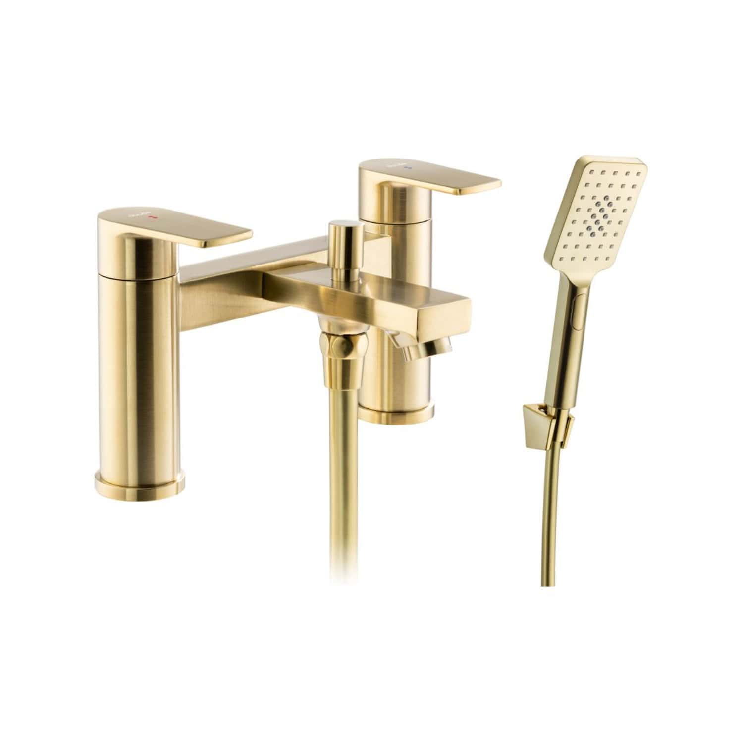 Gold bathroom mixer tap with matching handheld shower head, modern design, perfect for luxurious bathroom upgrades.