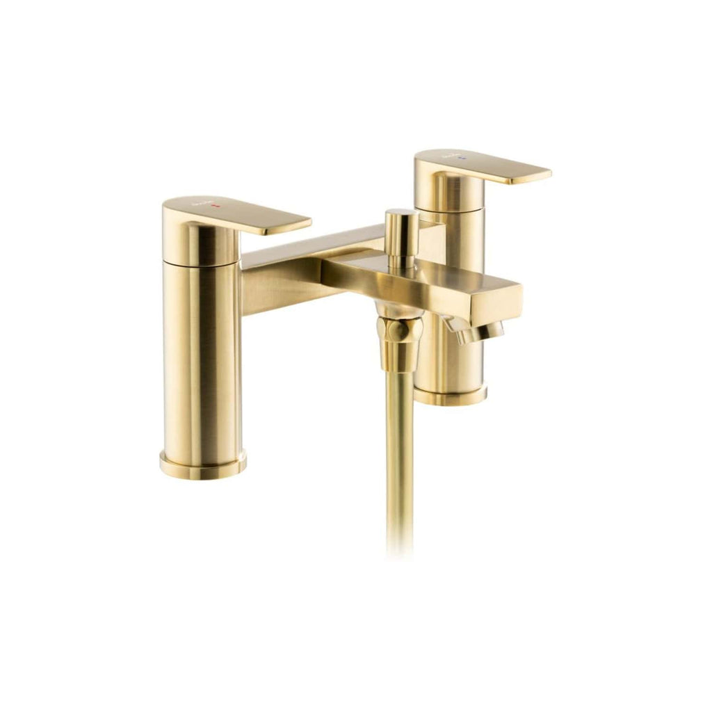 Shiny gold bathroom mixer tap with dual handles and modern design, ideal for luxurious bathroom renovations or upgrades. Perfect for creating a stylish, contemporary bathroom aesthetic.