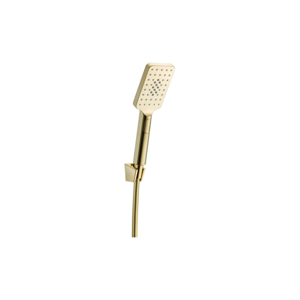 Modern gold bathroom shower head with adjustable spray settings for luxurious shower experience.