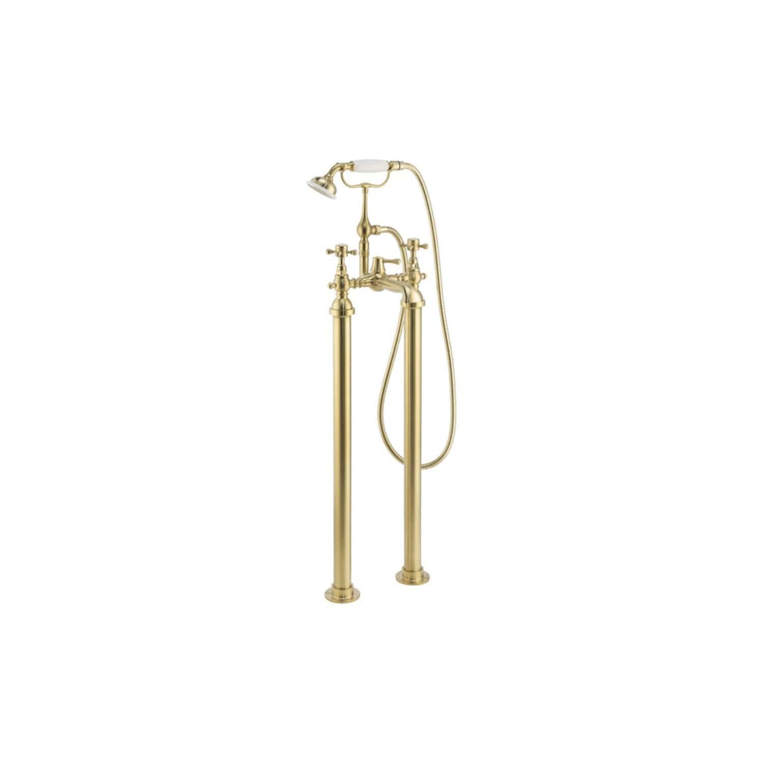 Luxurious gold freestanding vintage bathtub tap with handheld shower head, for elegant bathroom decor and premium bathroom fixtures.