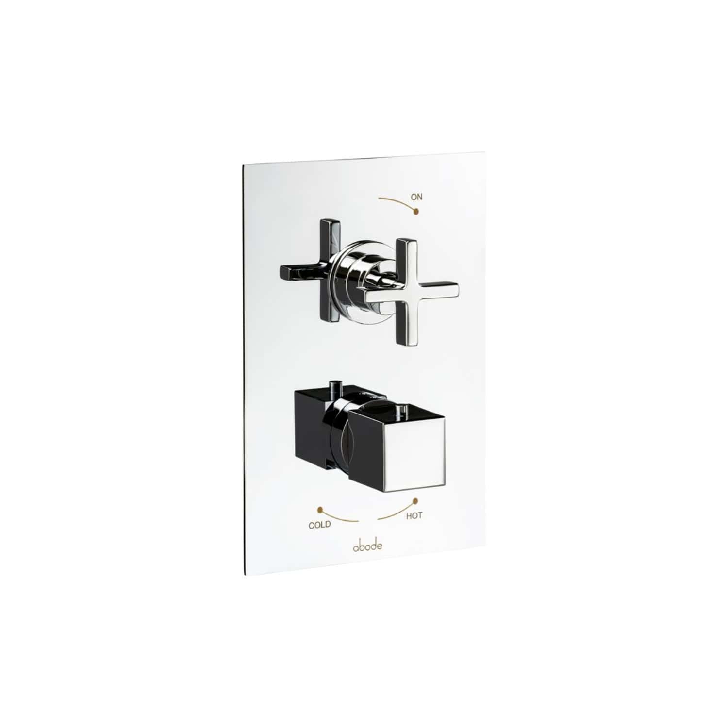 Chrome bathroom wall-mounted mixer and diverter valve with dual controls for hot and cold water, sleek modern design, ideal for contemporary bathrooms and shower setups.