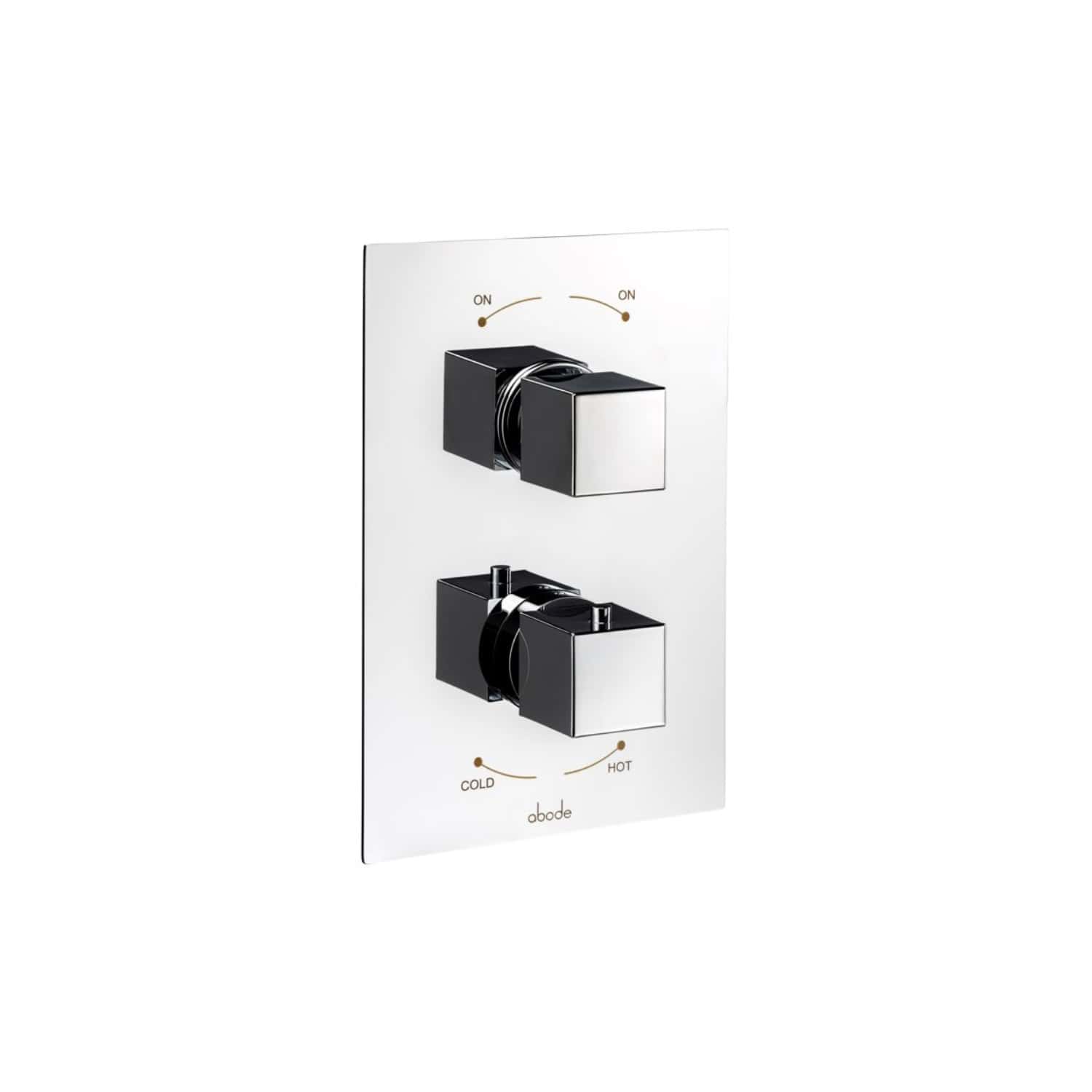 Chrome bathroom faucet control panel with dual switches for hot and cold water, modern and sleek design, ideal for contemporary bathroom renovations.