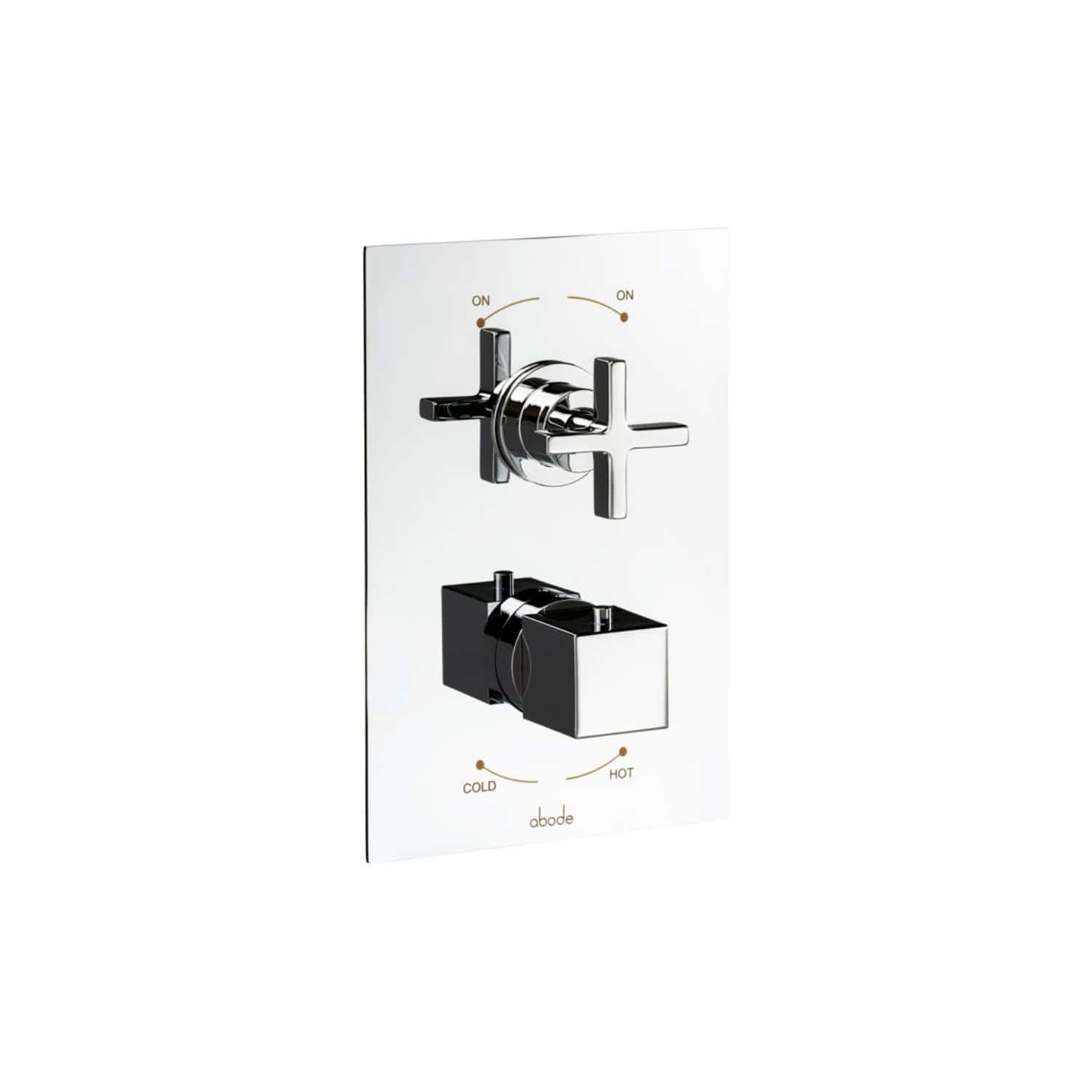 Sleek modern bathroom thermostatic shower valve with chrome finish, featuring separate controls for on/off, hot, and cold water, designed for luxurious bathroom installations.