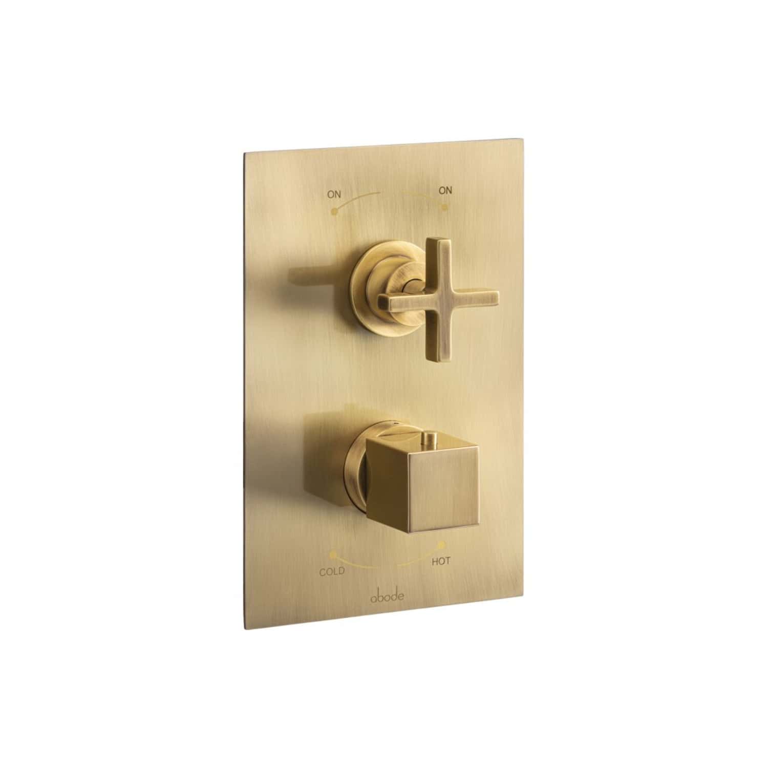 Brass bathroom shower control panel with cross and square knobs, ideal for modern bathroom designs, featuring hot and cold water settings and sleek finish, from Bubly Bathrooms UK.