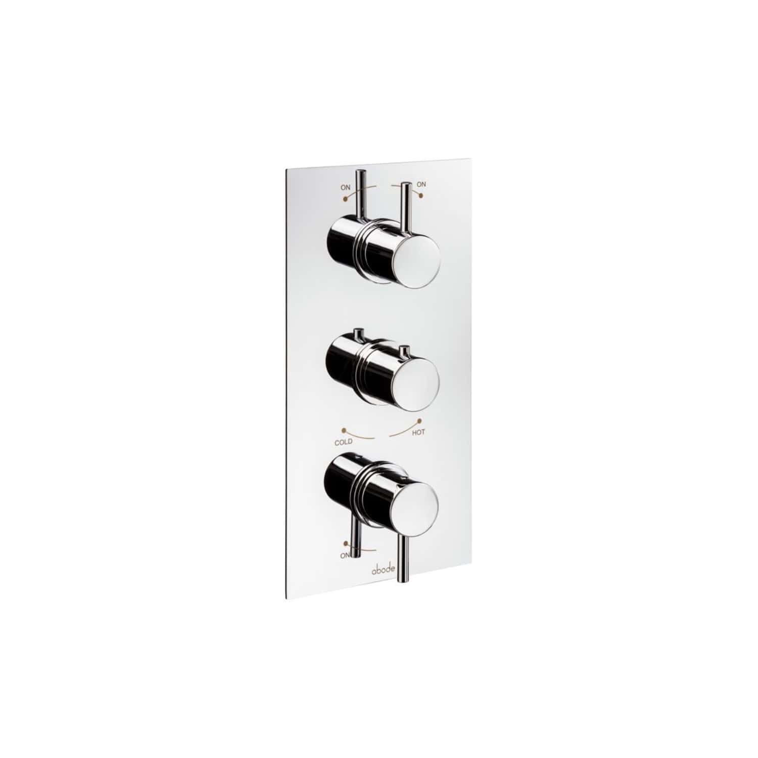 Sleek chrome bathroom shower and tap control panel with multiple dials and on/off switches, designed for modern bathroom setups and water temperature regulation.