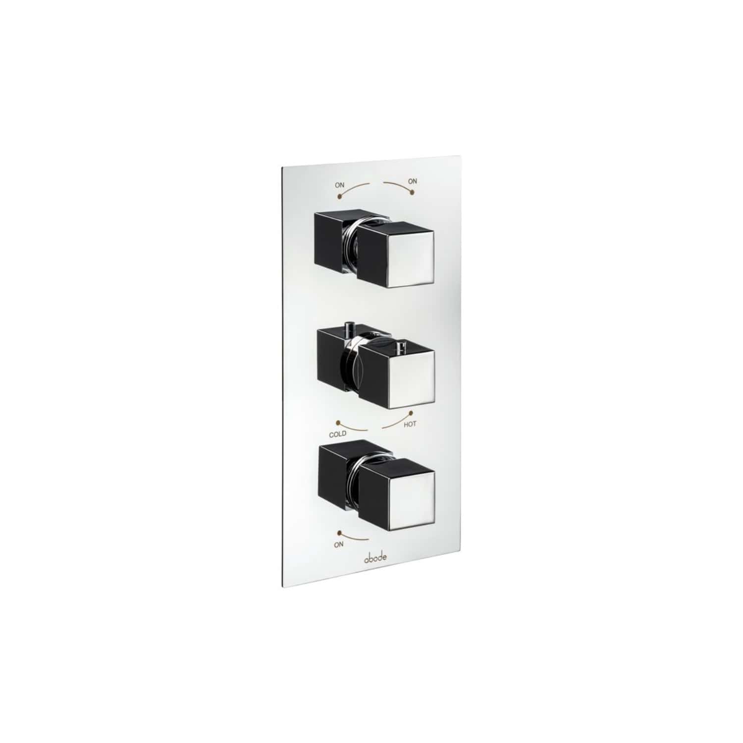 Sleek modern bathroom control switch with three adjustable black and chrome dials for lighting and temperature, designed for contemporary bathroom settings.