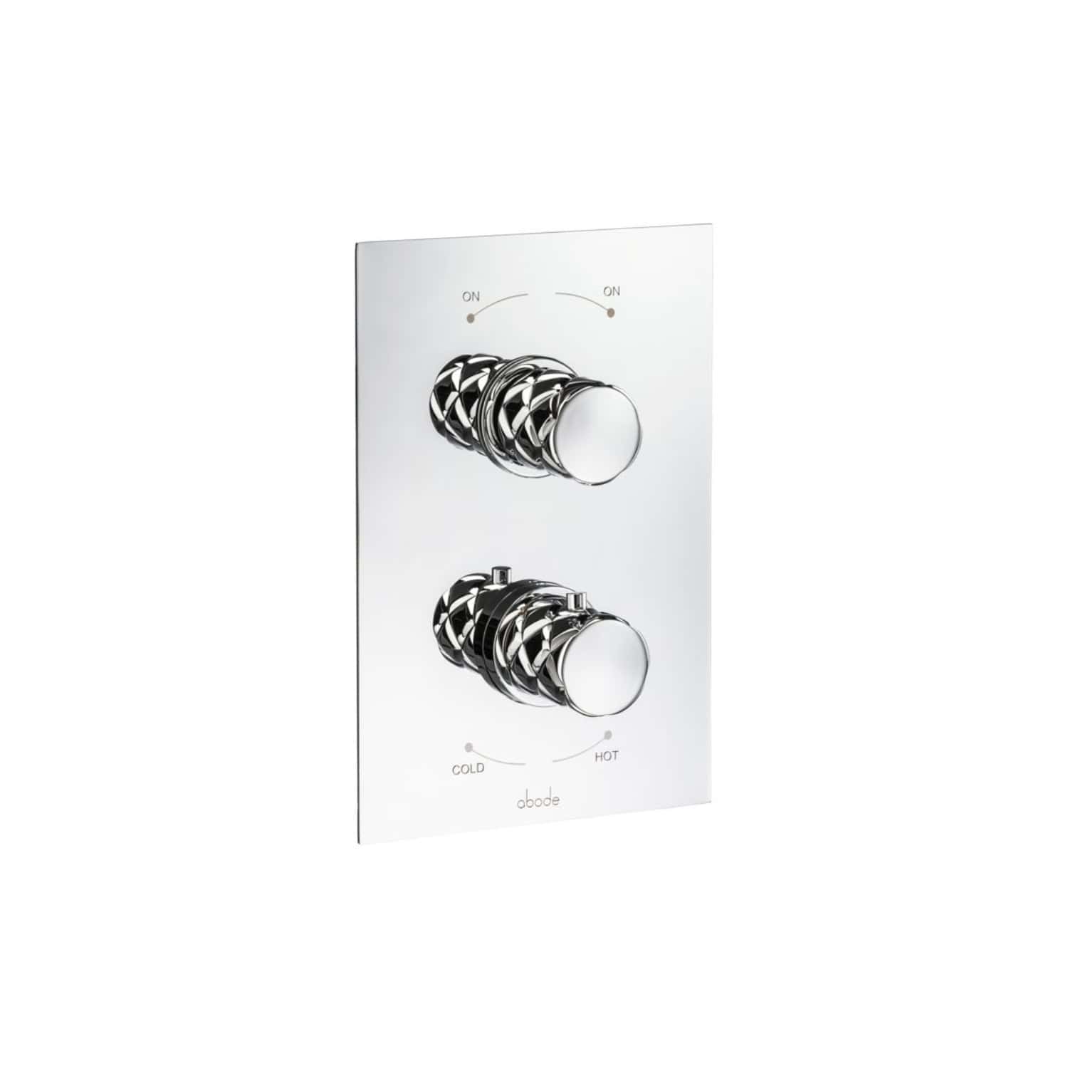 Bright chrome bathroom thermostat with dual control dials, sleek modern design, ideal for precise hot and cold water regulation in contemporary bathroom setups.