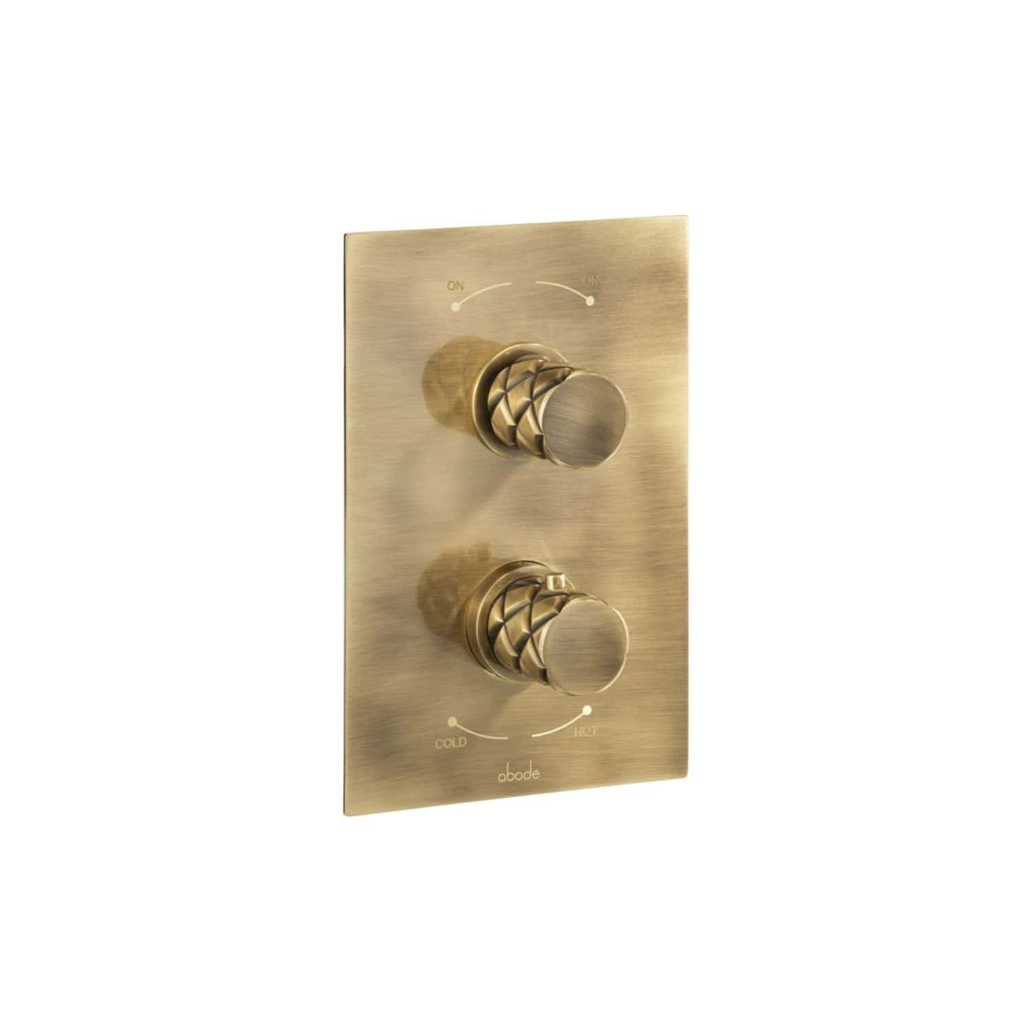 Brass bathroom thermostat control with dual dials for temperature and flow regulation, modern design, easy-to-use, ideal for bespoke bathroom installations.