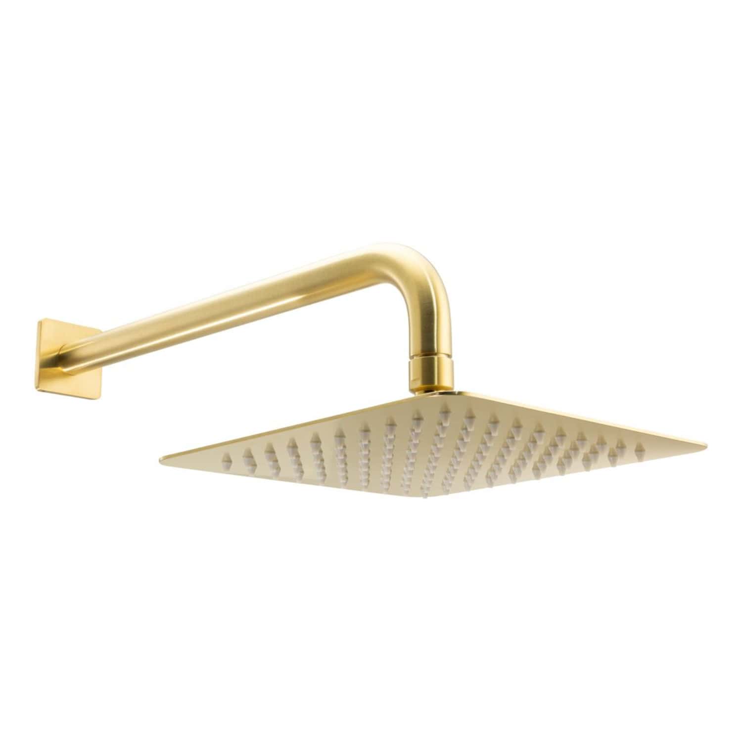 Polished gold rainfall showerhead with a square shape and multiple spray nozzles, modern bathroom fixture by Bubly Bathrooms.