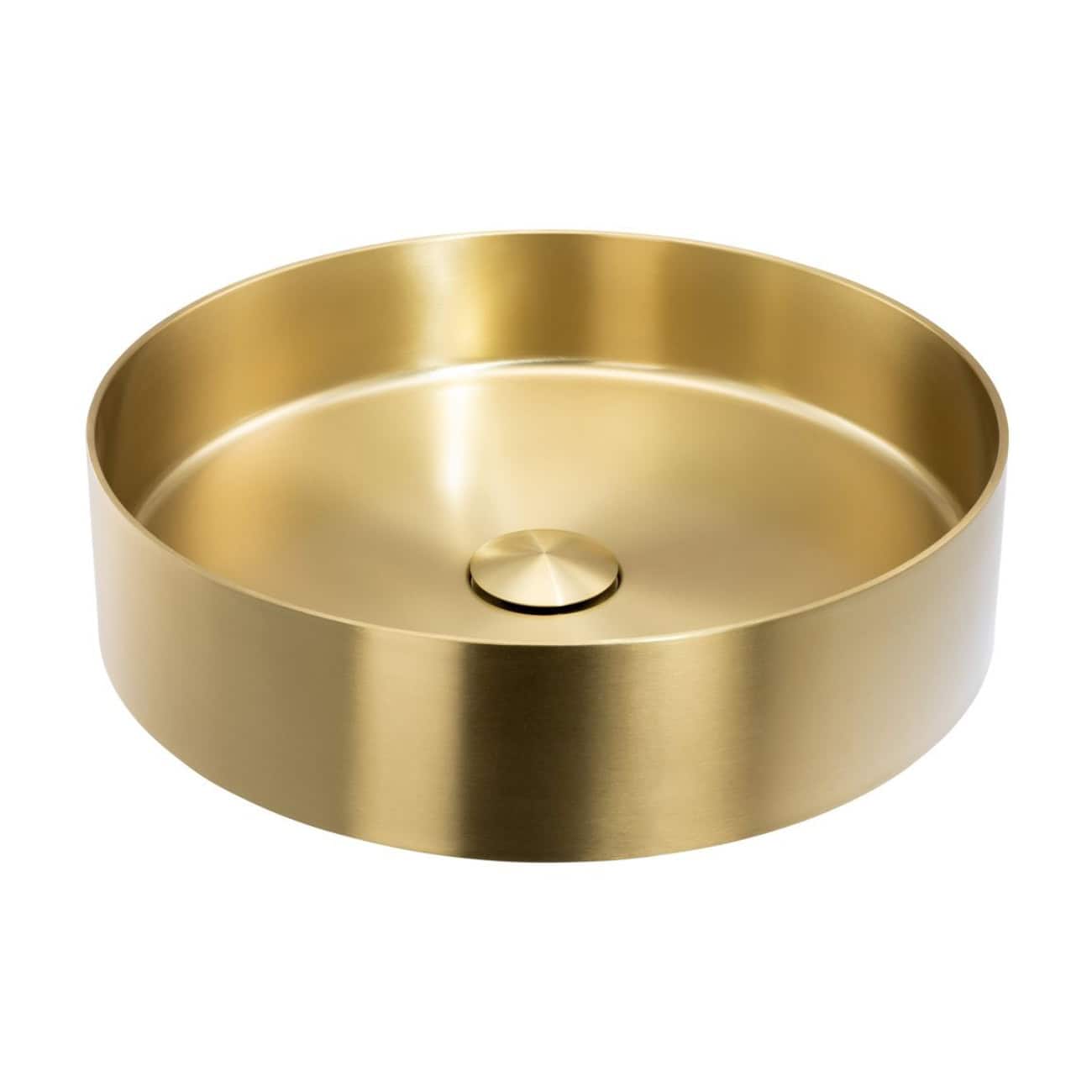 Sleek gold circular bathroom sink with modern minimalist design, perfect for contemporary bathroom decor and upgrades.