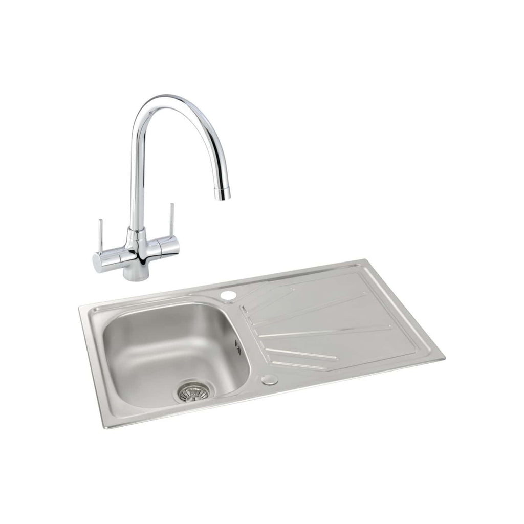 Stainless steel kitchen sink with a modern chrome tap, featuring a drainer and integrated splashback, ideal for contemporary bathroom or kitchen renovations.