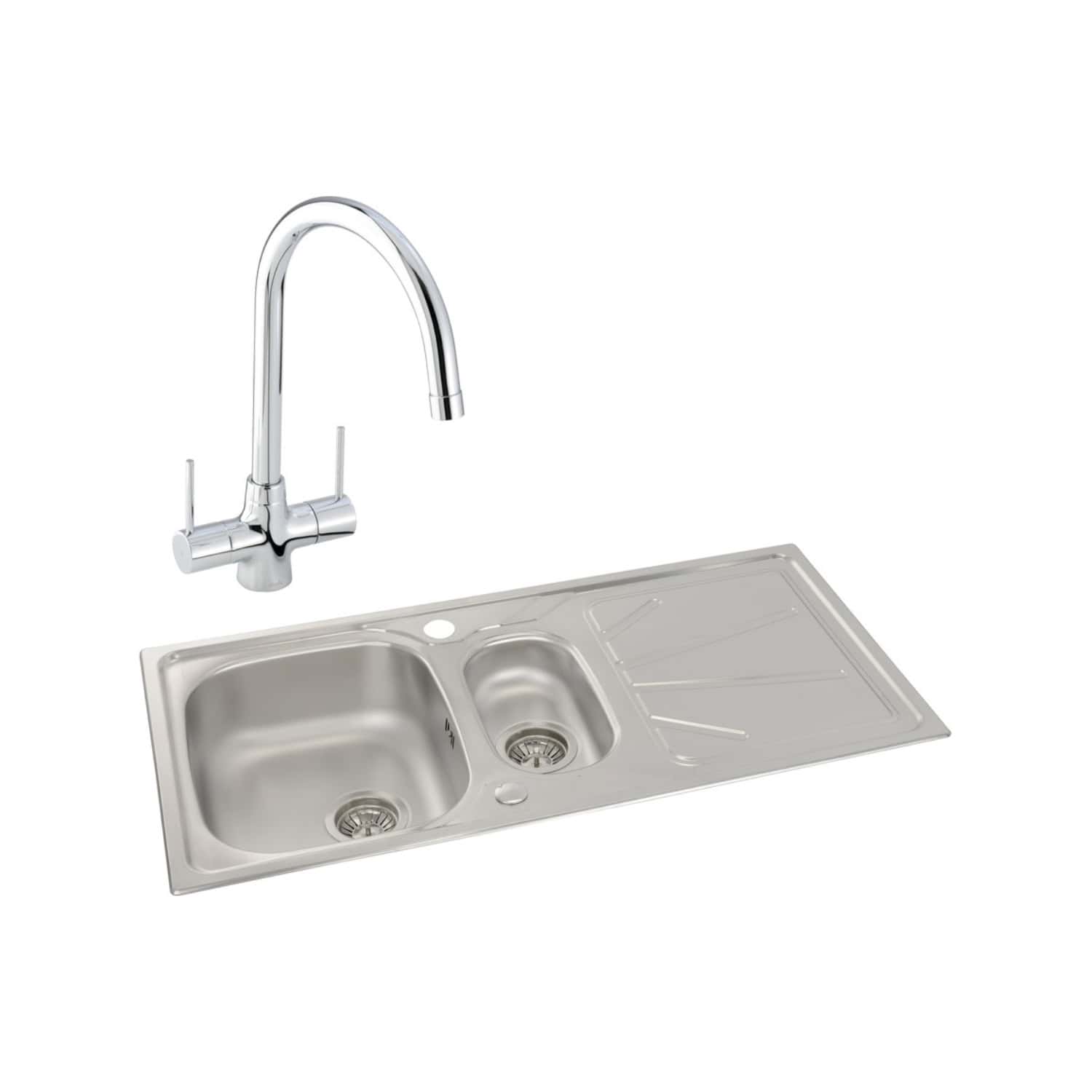 Stainless steel kitchen sink with dual basins and a modern chrome faucet, ideal for contemporary bathroom or kitchen renovations. Features a drainer and easy-to-clean design.