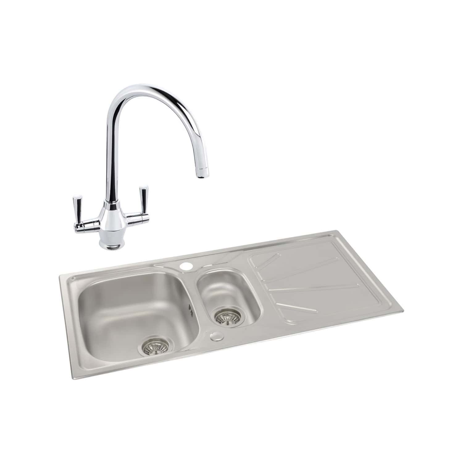 Stainless steel kitchen sink with dual bowls and a high-arc chrome tap, ideal for modern bathrooms and kitchens, featuring a built-in drainer and easy-to-clean surface.
