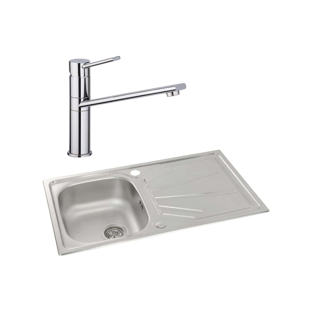 Stainless steel kitchen sink with a modern chrome mixer tap, designed for durability and style in contemporary bathrooms and kitchens.