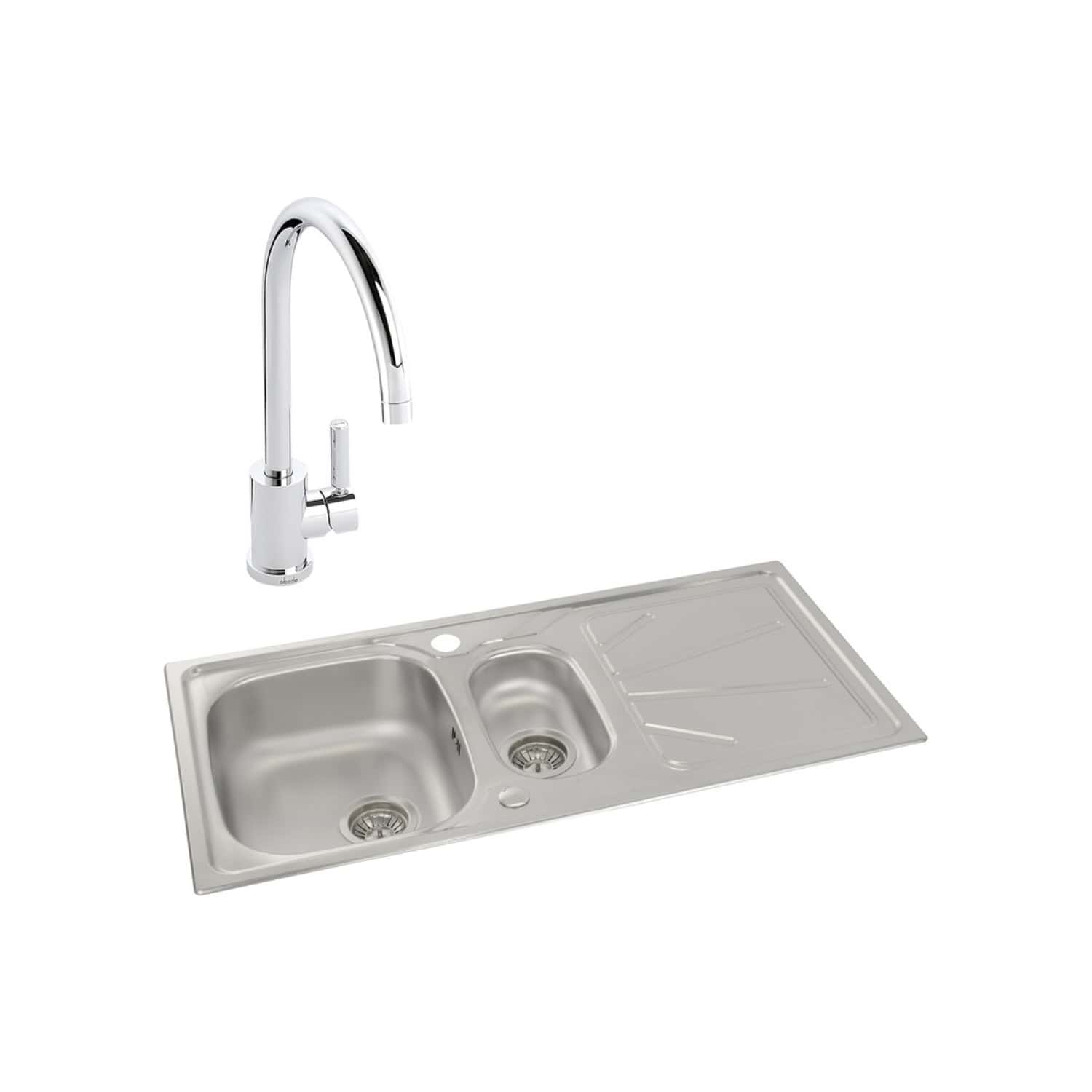 Shiny stainless steel kitchen sink with a modern single-handle chrome faucet, featuring dual bowls and an integrated draining board, ideal for contemporary bathroom or kitchen renovations.