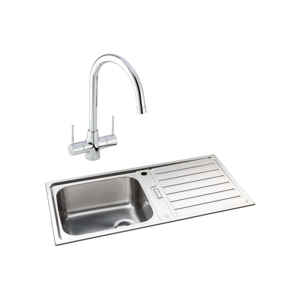 Modern stainless steel kitchen sink with mixer tap and integrated draining board, ideal for contemporary bathrooms and kitchens. Perfect for DIY renovation and high-quality home setups.