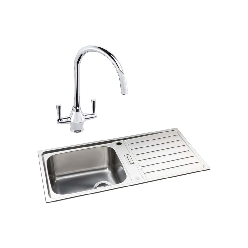 Stainless steel kitchen sink with attached drainer and modern chrome faucet, ideal for contemporary bathrooms and kitchens, offering durability and style for optimal water management.