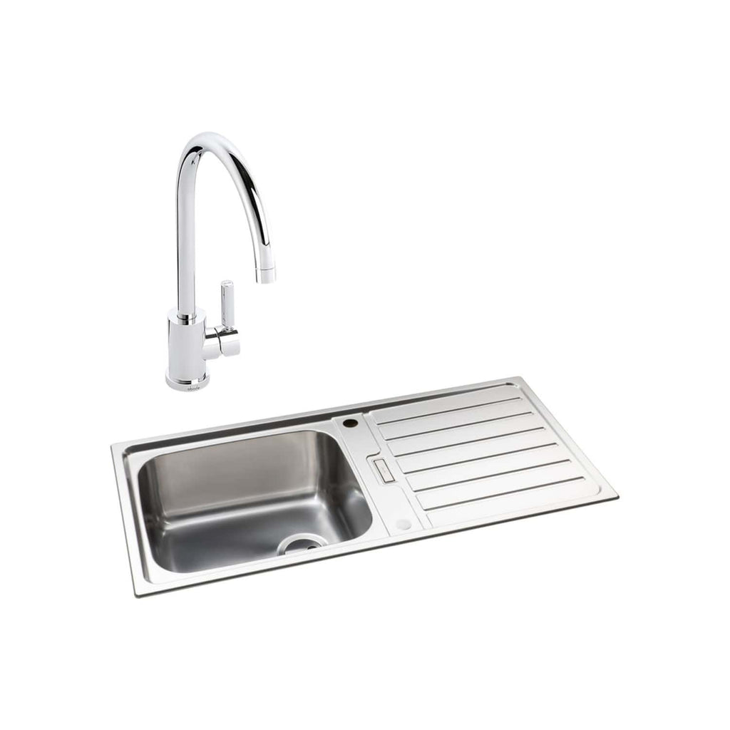 Sleek stainless steel kitchen sink with an attached modern chrome tap and integrated draining board, ideal for contemporary bathroom or kitchen renovation projects.