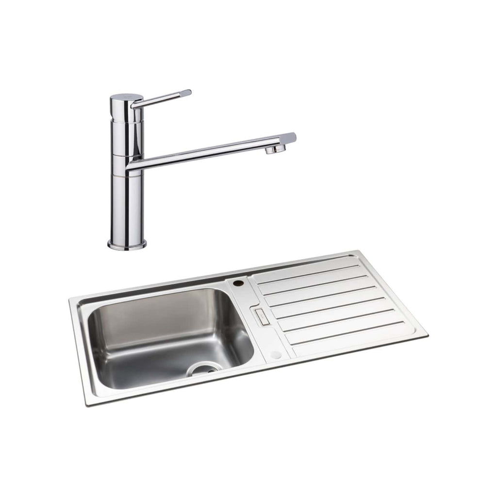 Stainless steel kitchen sink with a modern chrome tall tap, ideal for contemporary bathroom or kitchen renovation projects, offering durability and style for daily use.