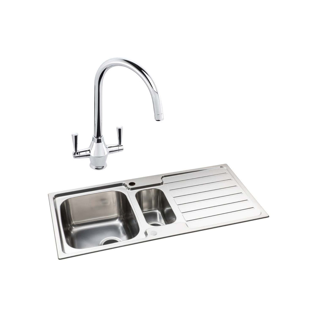 Stainless steel kitchen sink with a modern chrome tap, featuring one large bowl, a smaller side bowl, and an integrated draining board, ideal for contemporary bathroom and kitchen remodels.