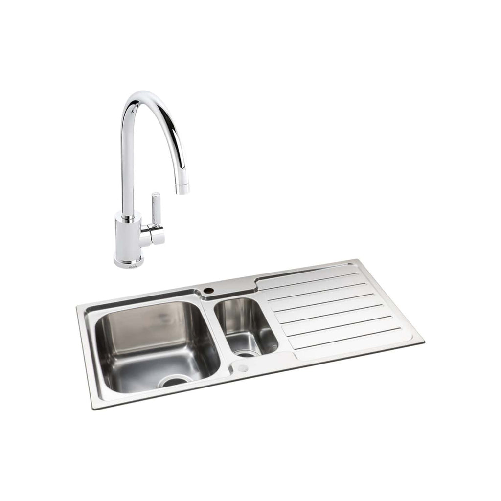 Stainless steel kitchen sink with a single-handle chrome mixer tap and integrated draining board, designed for modern bathrooms and kitchens for efficient water use.