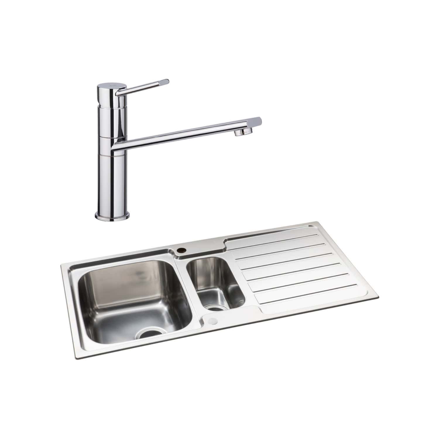 Sleek stainless steel kitchen sink with modern chrome faucet, featuring double basin and drainboard for versatile use and contemporary bathroom or kitchen design.