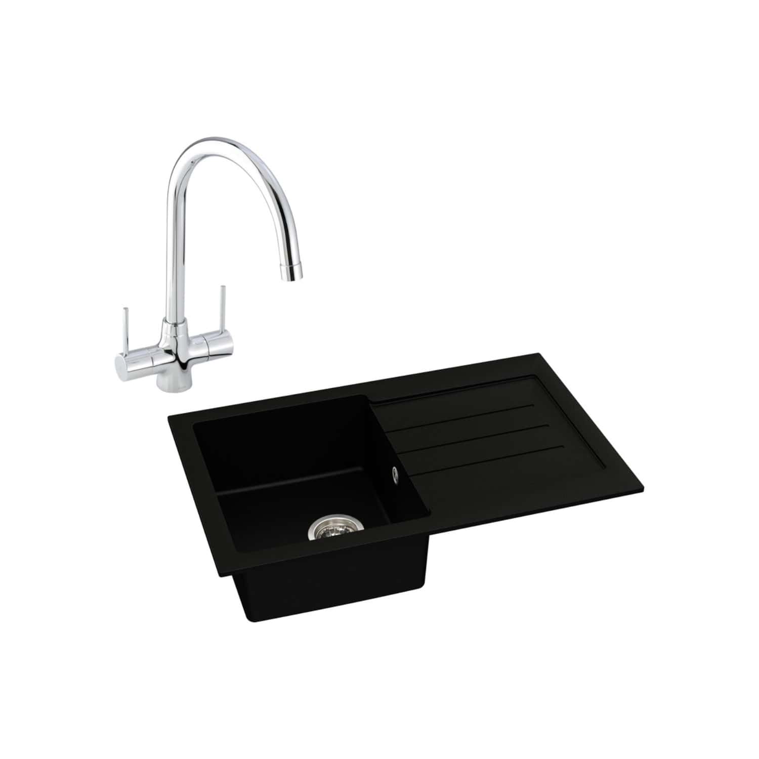 Sleek black kitchen sink with integrated drainboard and chrome tap, ideal for modern bathroom and kitchen upgrades, combining functionality with contemporary style.