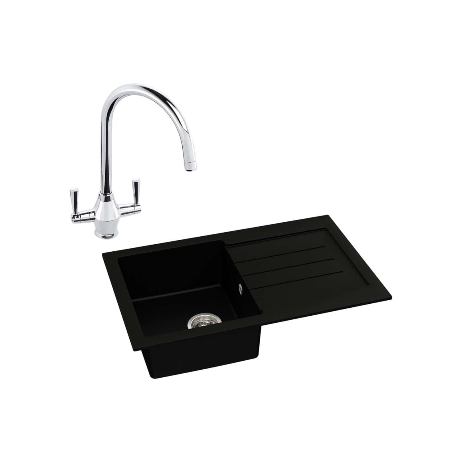 Premium black kitchen sink with integrated draining board and chrome mixer tap, ideal for contemporary bathroom or kitchen renovation projects.