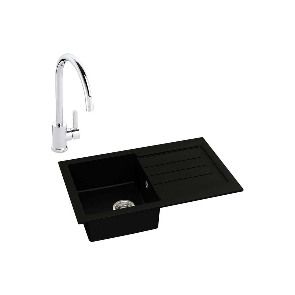 Sleek black kitchen sink with integrated draining board and chrome brushed tap, ideal for modern bathrooms or kitchen upgrades. Durable and stylish design from Bubly Bathrooms.
