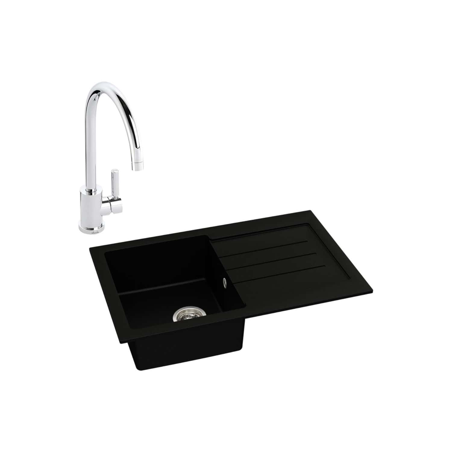 Sleek black kitchen sink with integrated draining board and chrome brushed tap, ideal for modern bathrooms or kitchen upgrades. Durable and stylish design from Bubly Bathrooms.