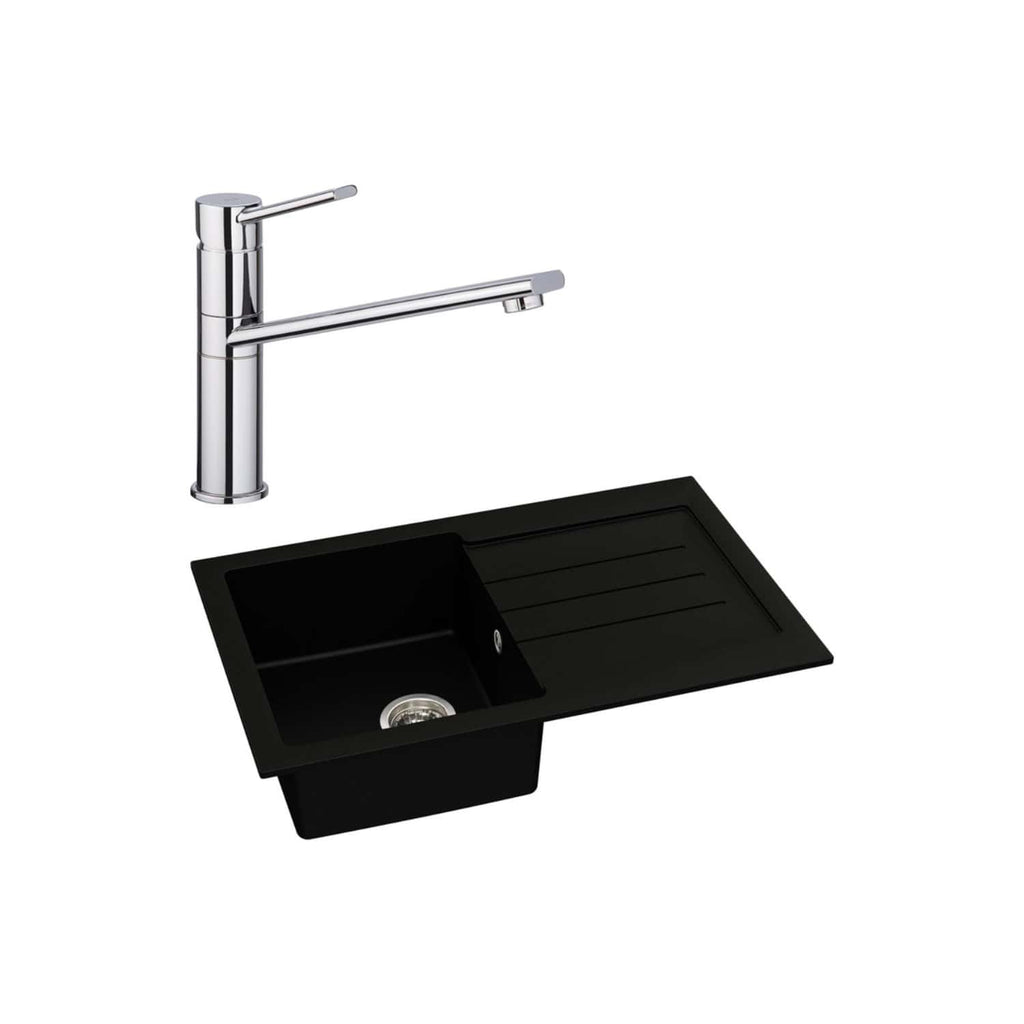 Sleek black undermount kitchen sink with integrated drainer board and modern chrome mixer tap for contemporary bathrooms. Durable and stylish, perfect for upgrading bathroom or kitchen functionality.