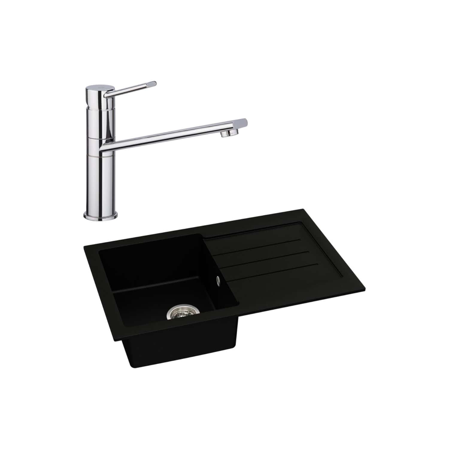 Sleek black undermount kitchen sink with integrated drainer board and modern chrome mixer tap for contemporary bathrooms. Durable and stylish, perfect for upgrading bathroom or kitchen functionality.