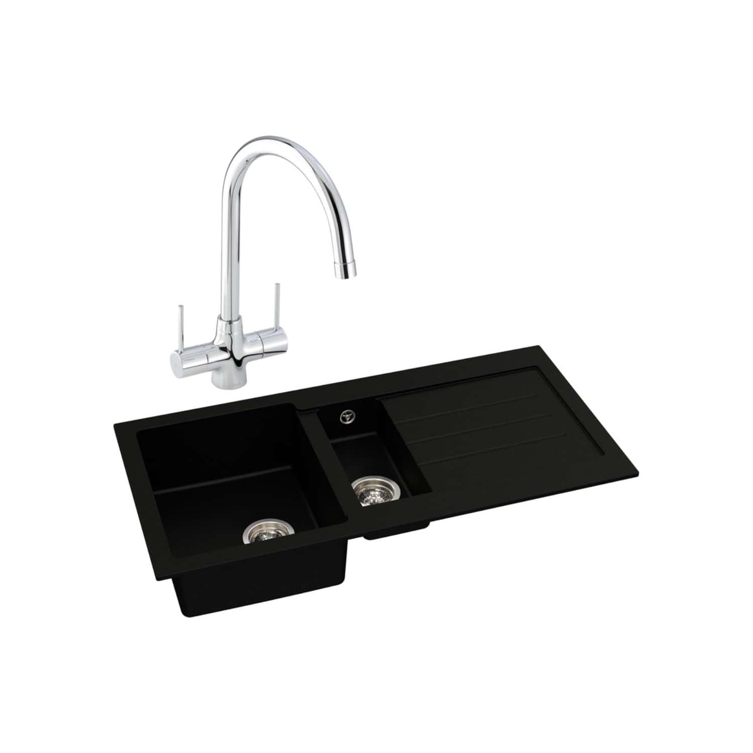 Stainless steel kitchen sink with black composite worktop, dual bowls, and a modern chrome faucet, ideal for contemporary bathrooms and kitchens. Perfect for stylish, durable kitchen renovation.
