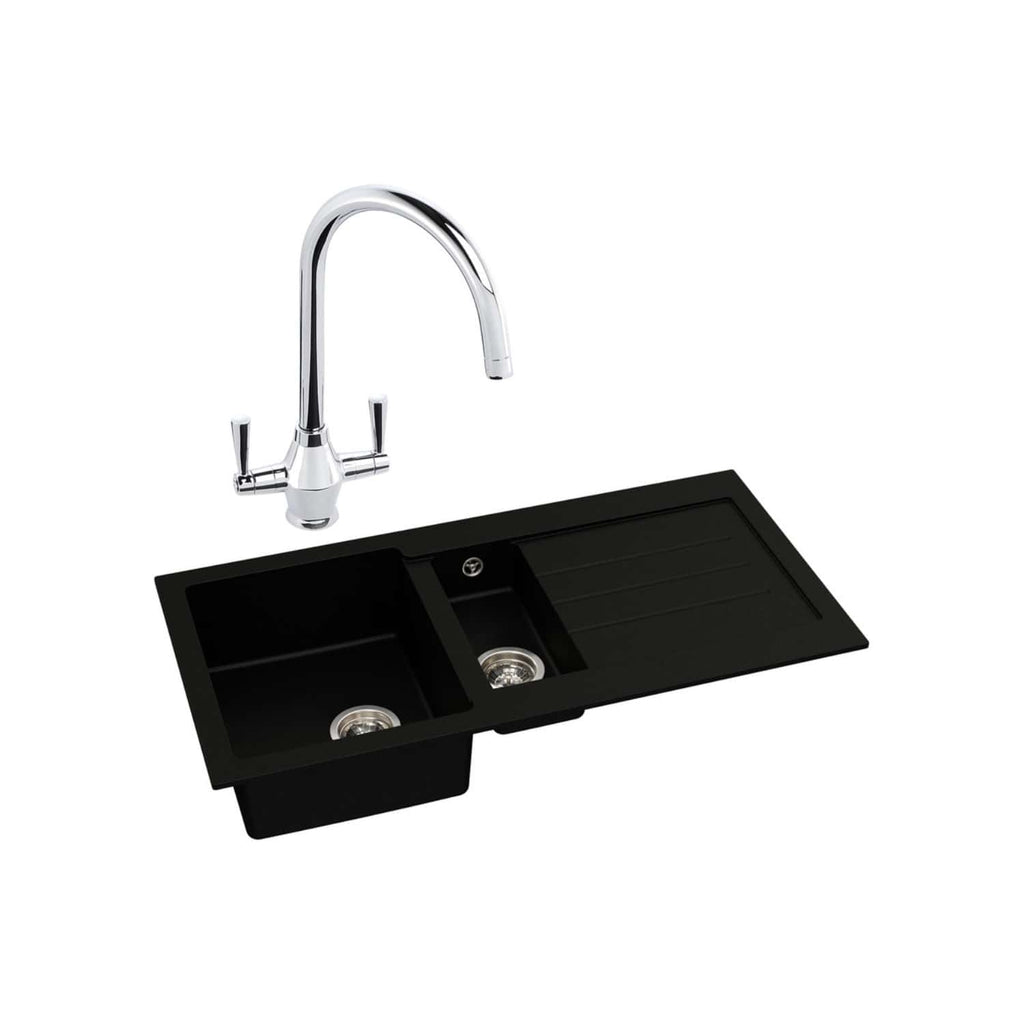 Stainless steel kitchen tap with dual handle design positioned above a black granite 2-bowl kitchen sink with integrated draining area, ideal for modern bathroom or kitchen installation.