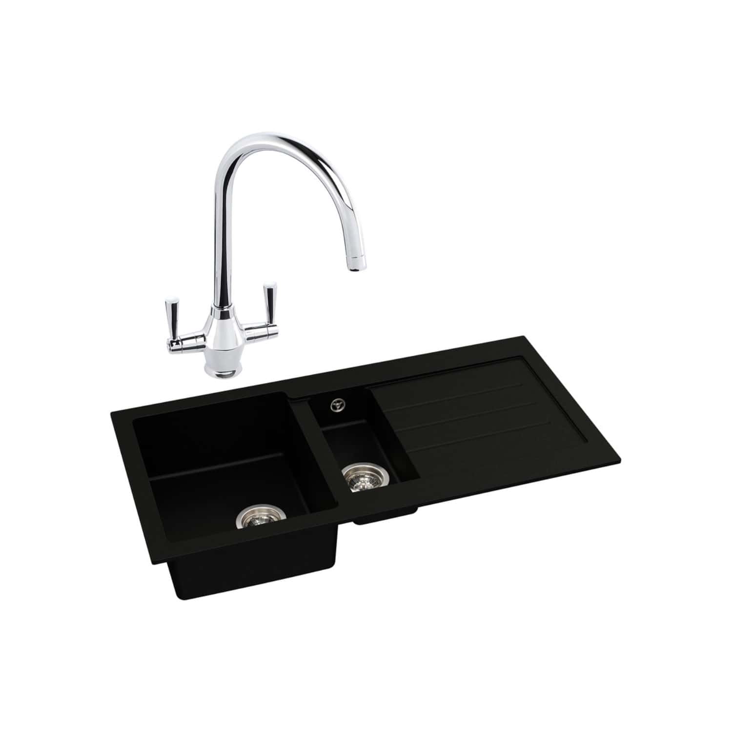 Stainless steel kitchen tap with dual handle design positioned above a black granite 2-bowl kitchen sink with integrated draining area, ideal for modern bathroom or kitchen installation.