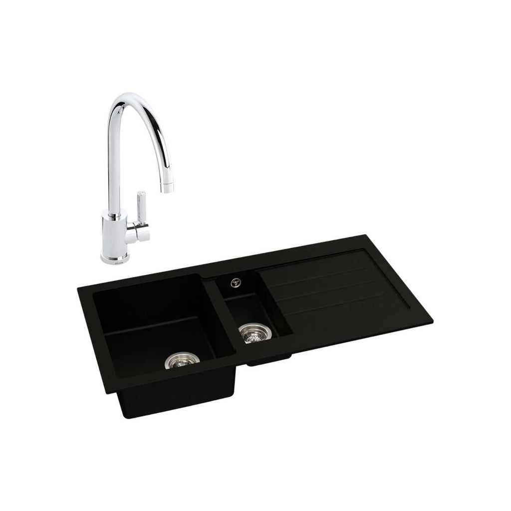 Sleek black kitchen sink with dual bowls and a modern chrome tap, ideal for contemporary bathrooms and kitchens, offering durability and style for premium bathroom design.