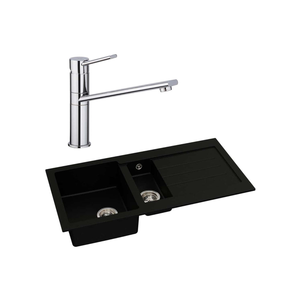 Sleek black kitchen sink with dual basins and a modern chrome tap, ideal for contemporary bathrooms and kitchens. Durable and stylish, perfect for upgrading bathroom or kitchen plumbing fixtures.