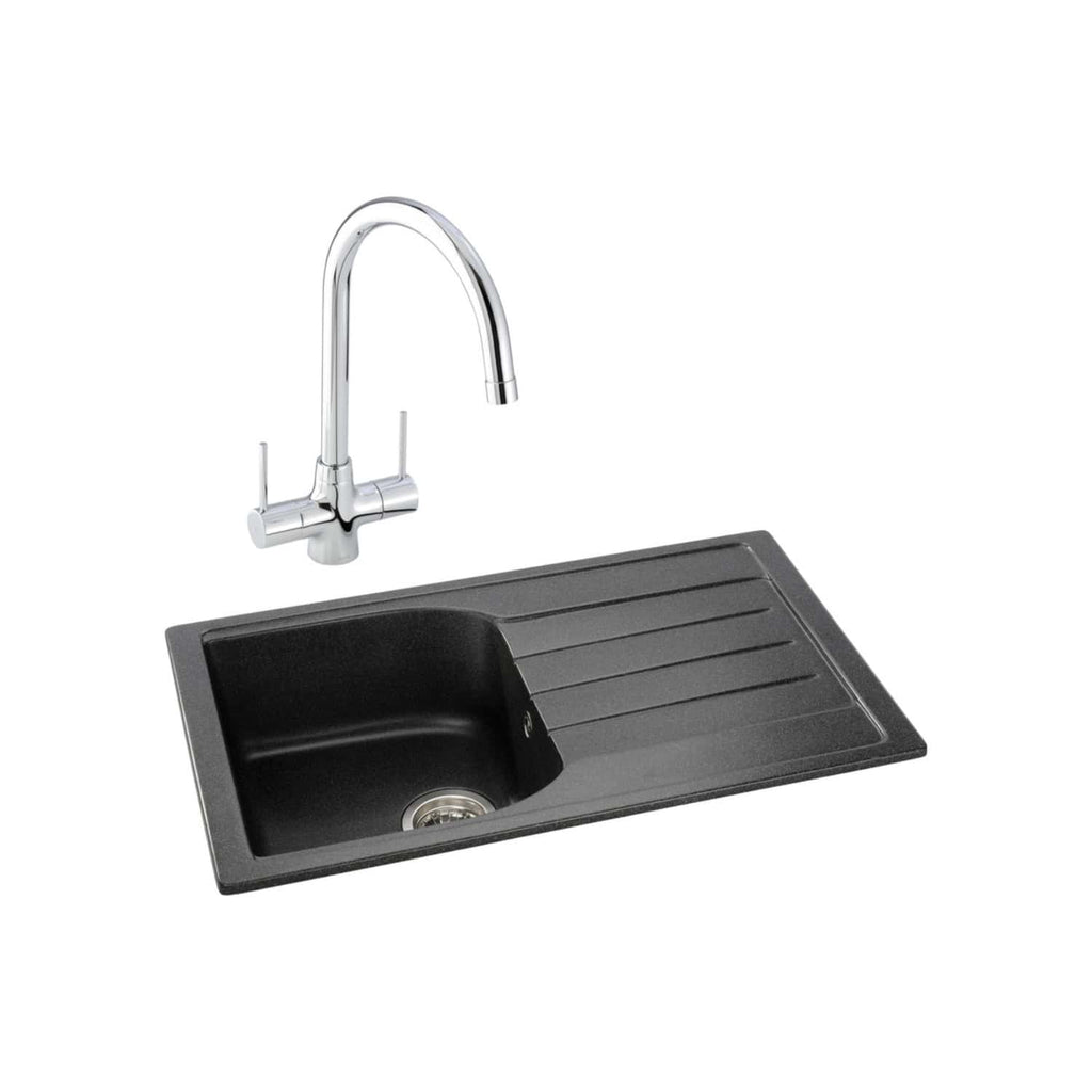 Sleek black kitchen sink with integrated draining board and modern chrome mixer tap, ideal for contemporary bathroom or kitchen remodels, combining style and functionality.