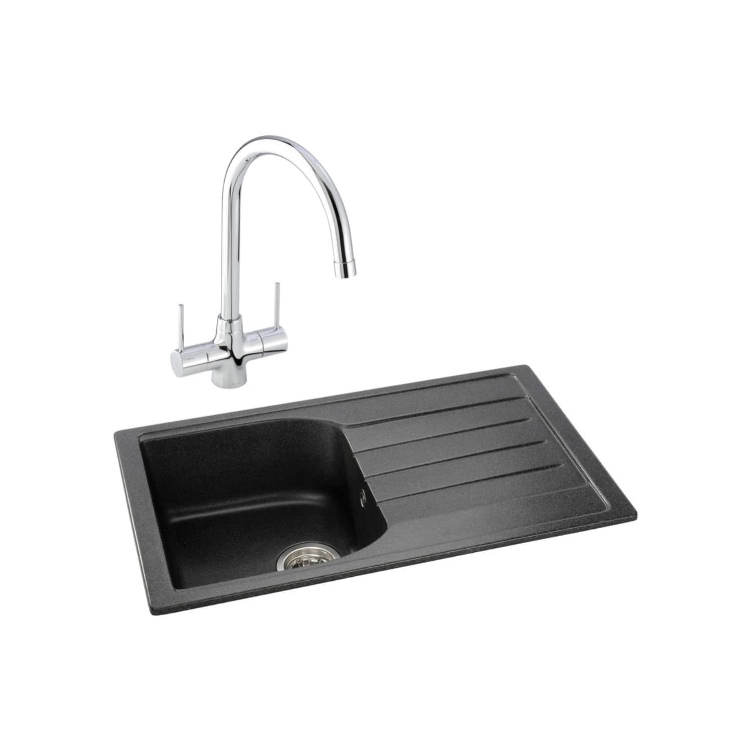 Sleek black kitchen sink with integrated draining board and modern chrome mixer tap, ideal for contemporary bathroom or kitchen remodels, combining style and functionality.