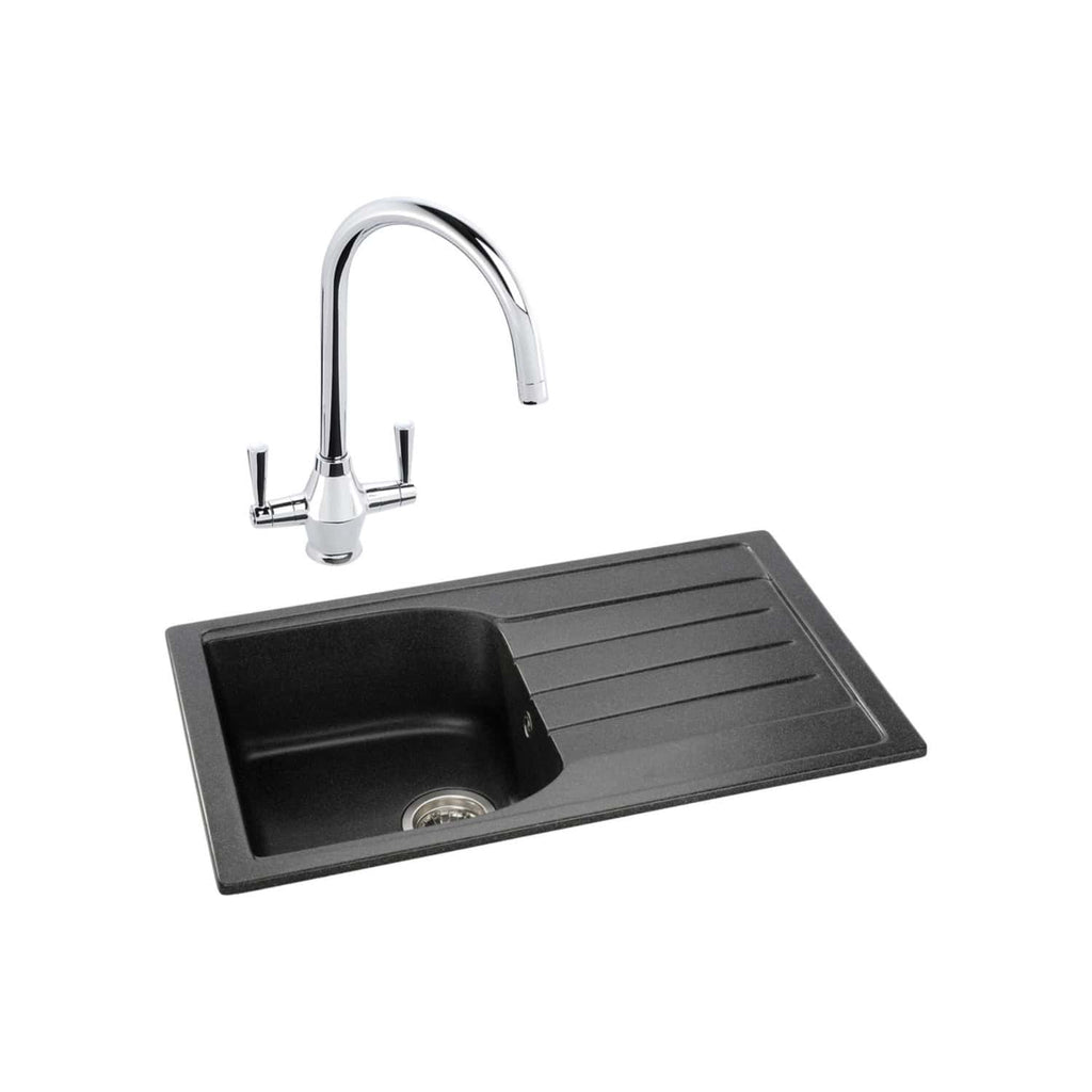 Sleek black kitchen sink with integrated draining board and chrome mixer tap, ideal for modern bathroom or kitchen renovation projects. Durable and stylish design for efficient water management.
