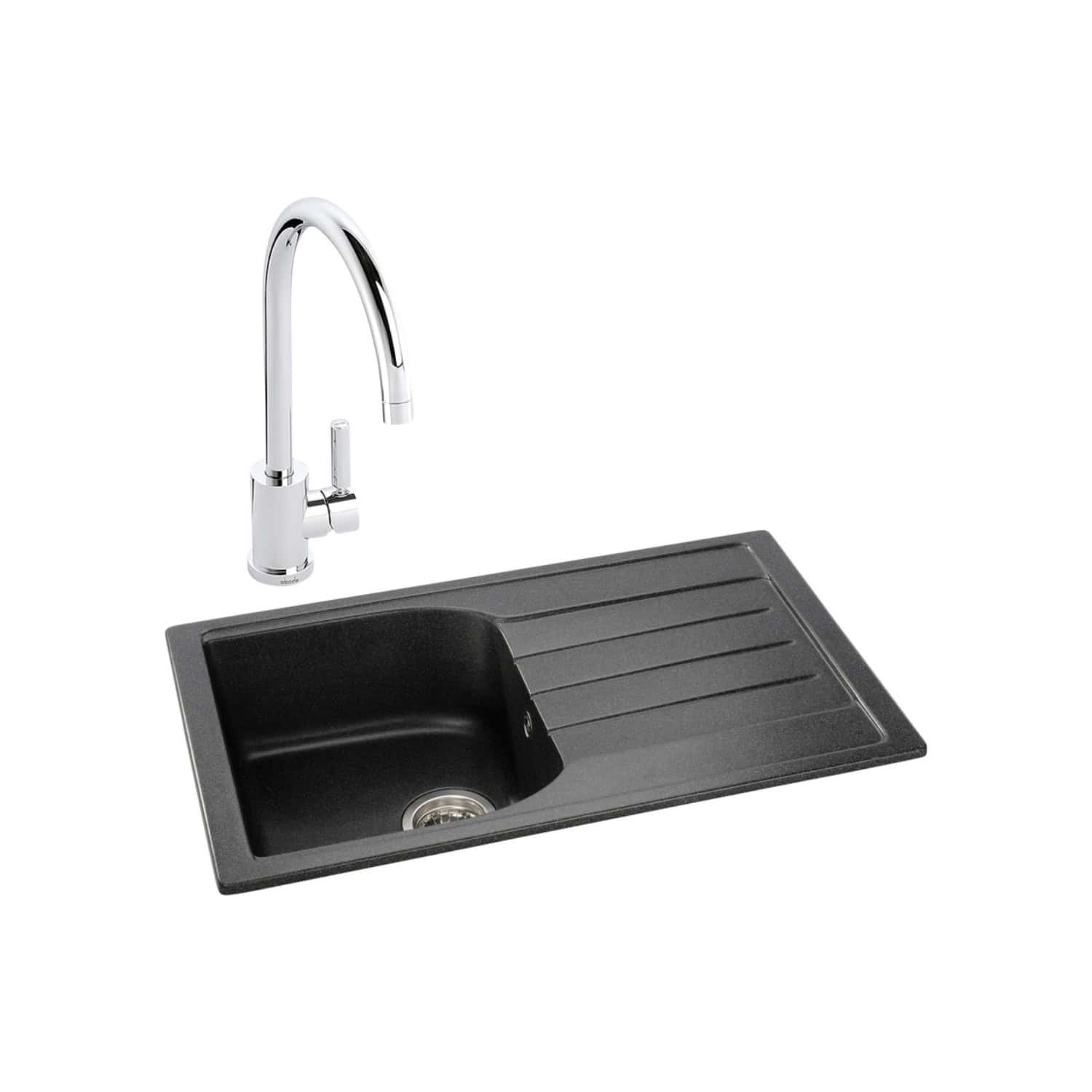 Sleek black kitchen sink with integrated draining board and modern chrome mixer tap, perfect for contemporary bathrooms and kitchen refurbishment projects.