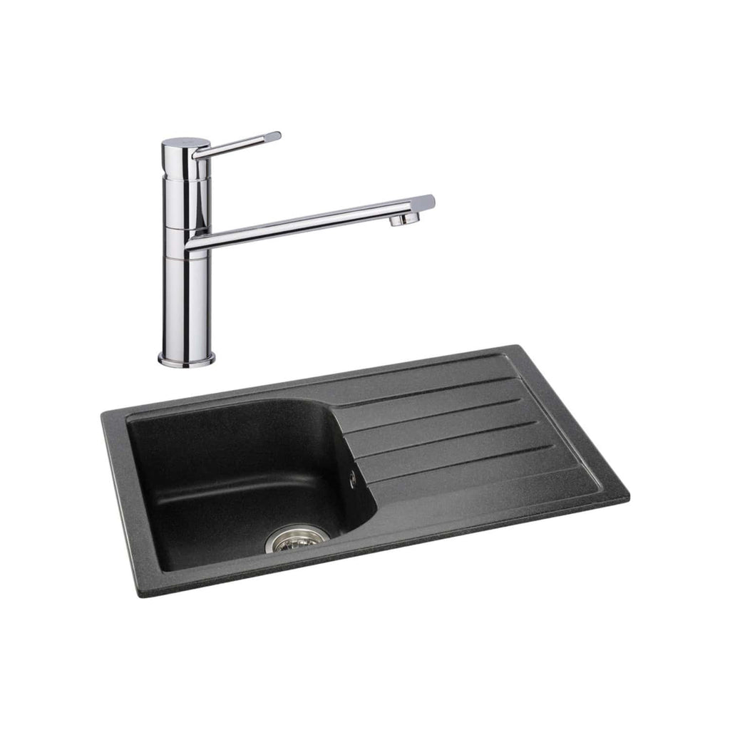 Sleek black kitchen sink with integrated draining board and modern chrome mixer tap for stylish, functional bathroom and kitchen renovations. Ideal for contemporary homes.