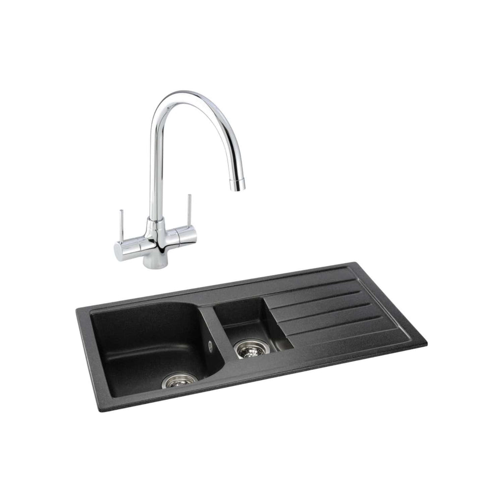 Sleek black double kitchen sink with integrated drainer and modern chrome tap, ideal for contemporary bathrooms and kitchens. Durable materials and stylish design enhance your space.