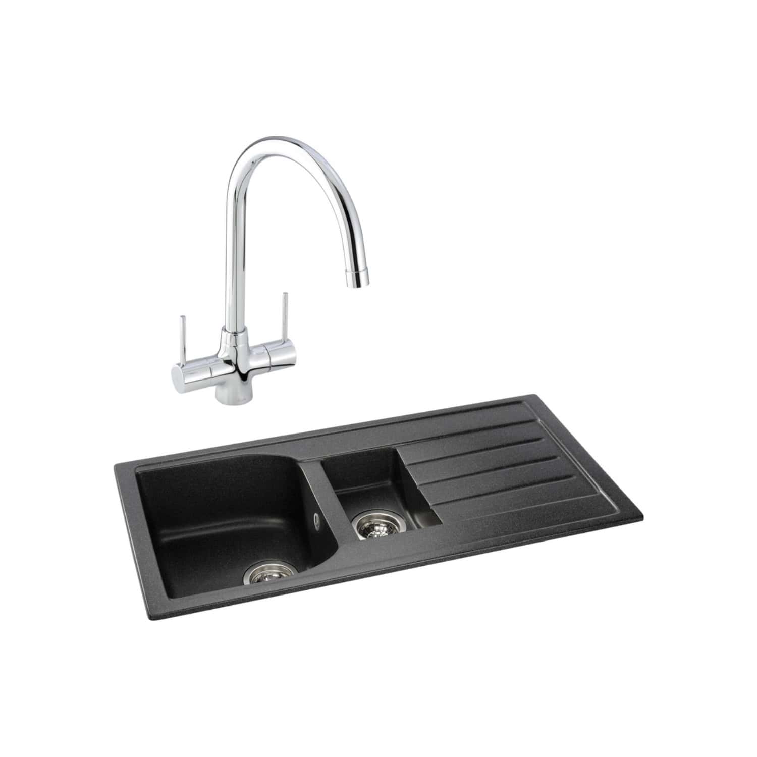 Sleek black double kitchen sink with integrated drainer and modern chrome tap, ideal for contemporary bathrooms and kitchens. Durable materials and stylish design enhance your space.