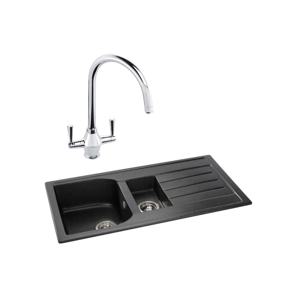 Stainless steel kitchen sink with a modern chrome mixer tap, featuring a double bowl design and integrated draining board, ideal for contemporary bathroom or kitchen renovations.