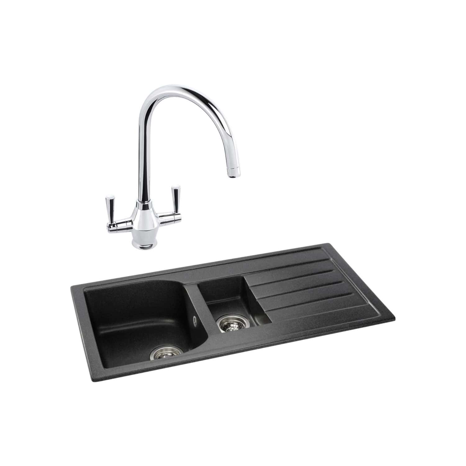 Stainless steel kitchen sink with a modern chrome mixer tap, featuring a double bowl design and integrated draining board, ideal for contemporary bathroom or kitchen renovations.