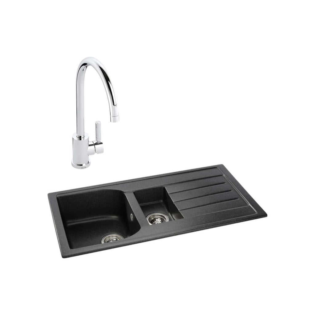 Sleek black kitchen sink with dual bowls and integrated draining board, paired with a modern chrome tap for stylish and functional Bubly Bathrooms kitchen design.