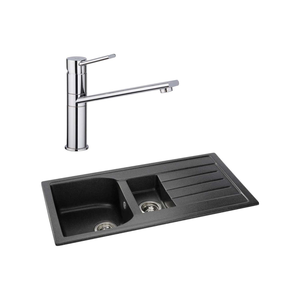 Shiny chrome kitchen tap with a sleek modern design, paired with a black composite double bowl kitchen sink with draining area, ideal for contemporary bathroom and kitchen renovations.